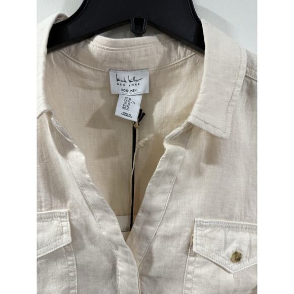 Nicole Miller Linen Top XL Beige Button Down Boho Lagenlook Short Sleeve NWT - Picture 4 of 9